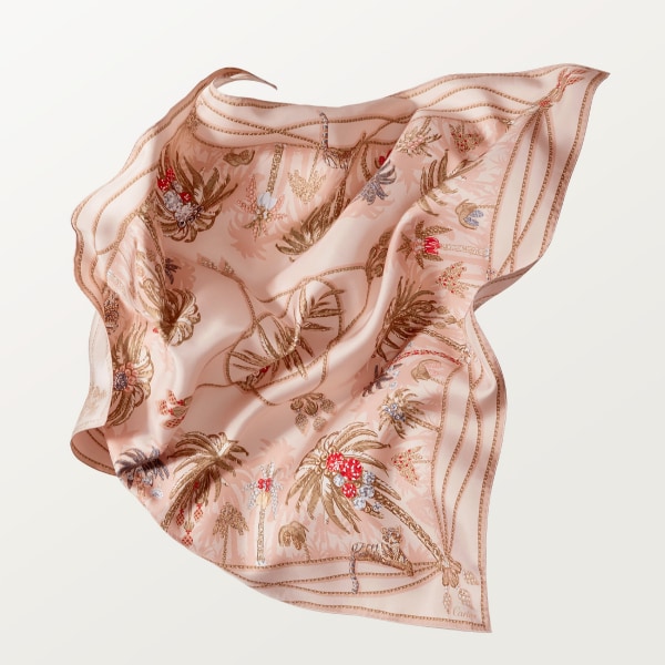 90 scarf, Jewellery Palm Trees Light pink silk twill