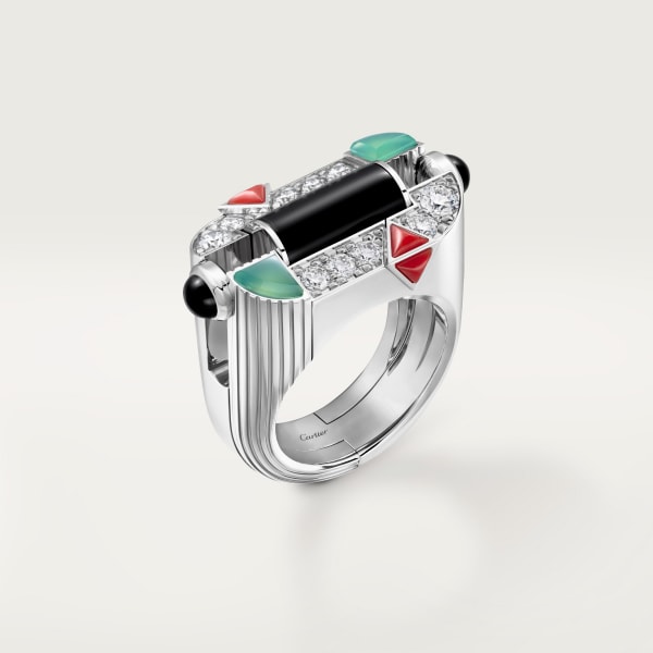 Géométrie & Contrastes ring, chrysoprase, paved White gold, chrysoprase, onyx, coral, diamonds