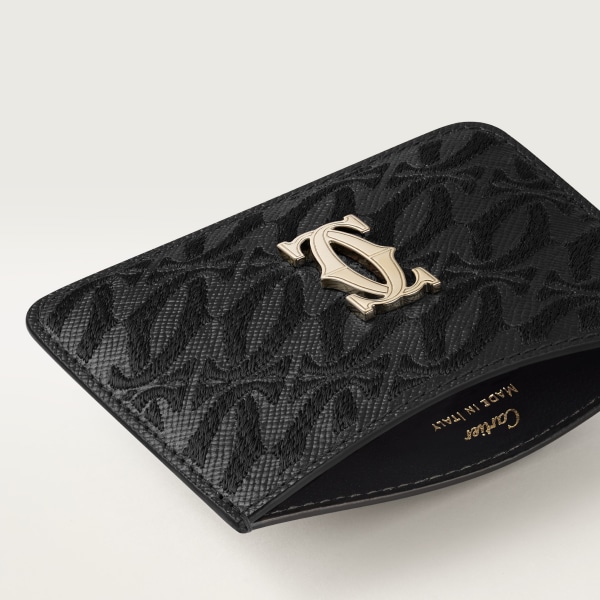 Simple Card Holder, C de Cartier Black textured calfskin, embroidery, golden finish