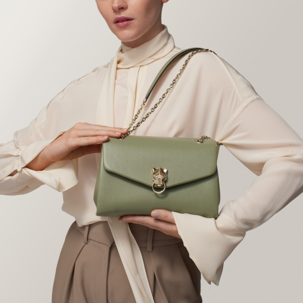 Small model chain bag, Panthère Graphique de Cartier Sage green grained calfskin, golden finish