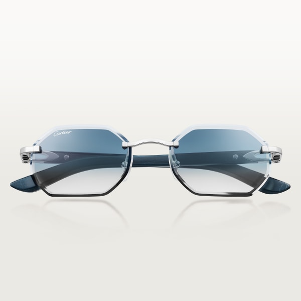 Sunglasses with Elongated C de Cartier motif Smooth platinum-finish metal, grey and blue wood, blue gradient lenses