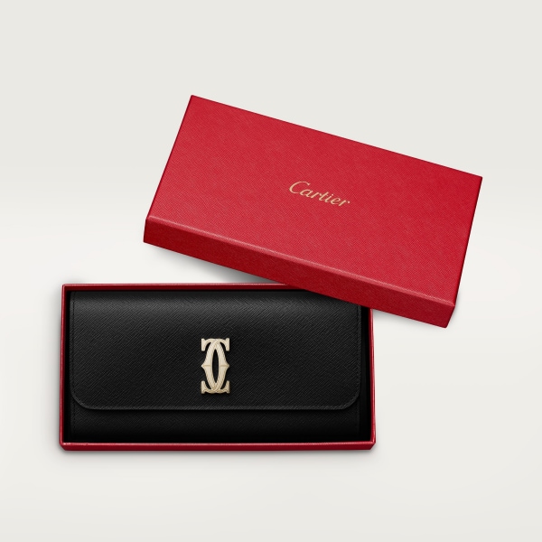 International wallet with flap, C de Cartier Black textured calfskin, golden finish