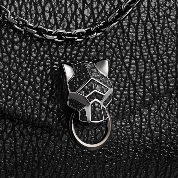 Chain bag mini, Panthère de Cartier Shiny black crinkle-effect calfskin, ruthenium finish
