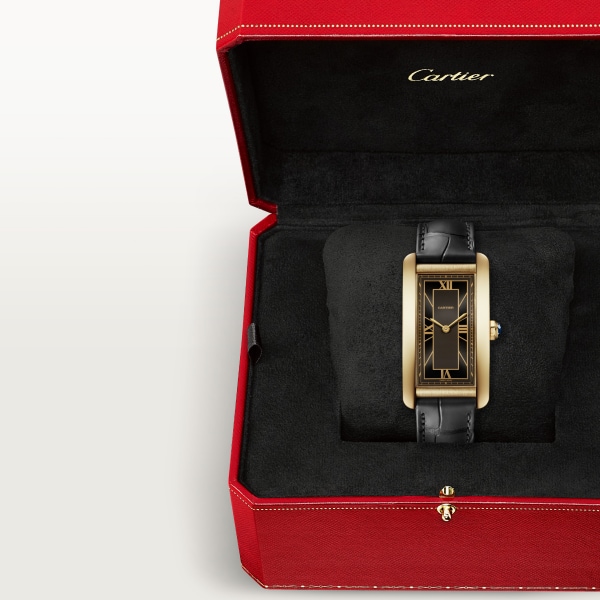 Tank Américaine watch Large model, automatic movement, yellow gold, leather