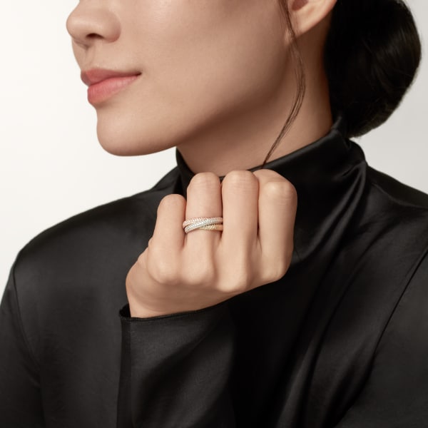 Trinity ring, classic model, paved White gold, yellow gold, rose gold, diamonds