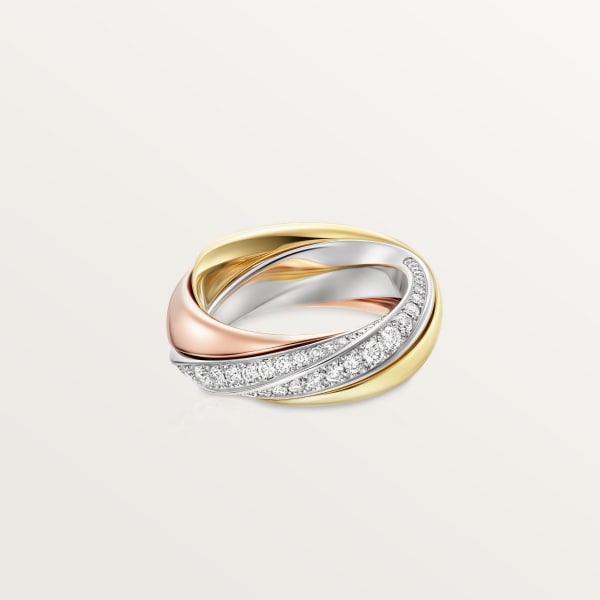 Trinity ring, semi-paved White gold, yellow gold, rose gold, diamonds