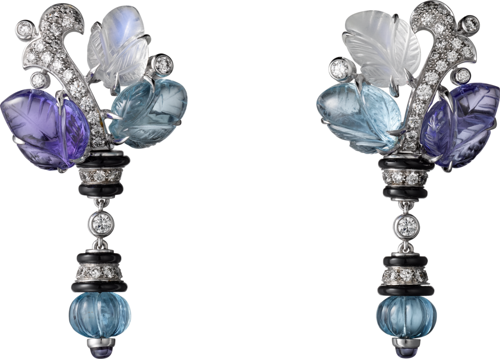 Earrings with engraved stonesWhite gold, aquamarines, tanzanites, moonstones, onyx, diamonds