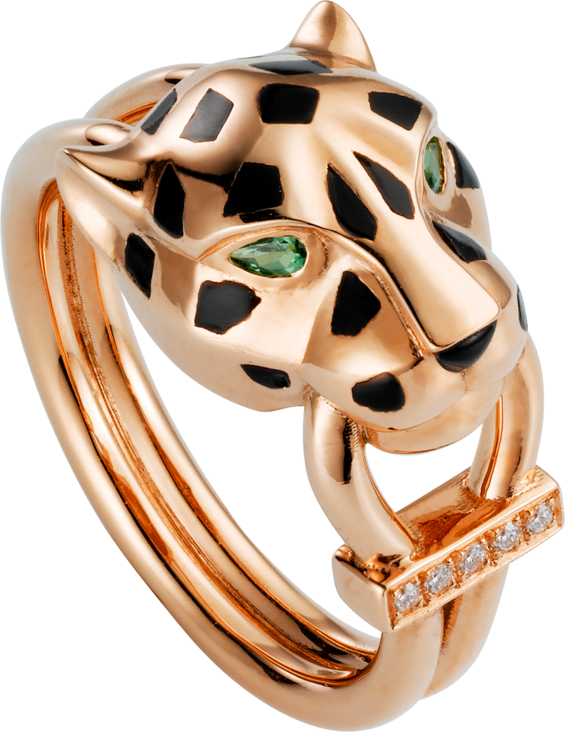 Panthère de Cartier戒指玫瑰金，沙弗莱石榴石，缟玛瑙，黑漆，钻石