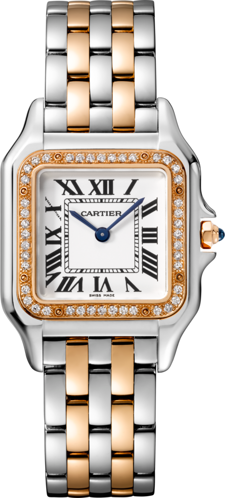 Panthère de Cartier腕表中号表款，石英机芯，18K玫瑰金与精钢，钻石