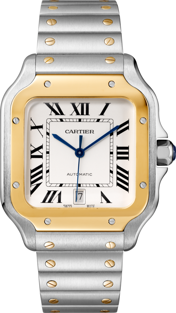 Santos de Cartier腕表大号表款，自动机芯，18K黄金与精钢，可替换式金属表链与皮表带