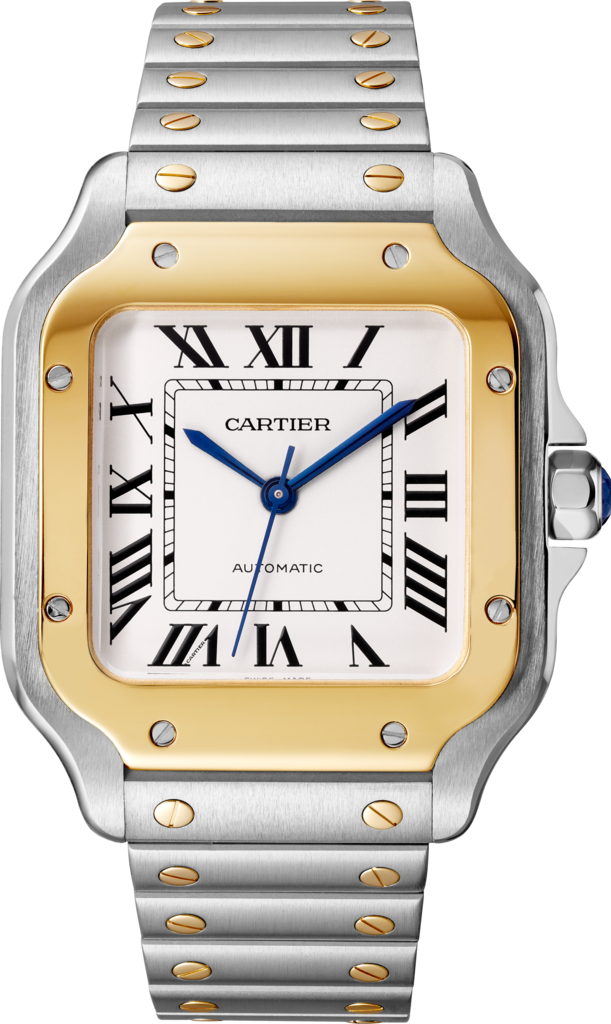 Santos de Cartier腕表中号表款，自动机芯，18K黄金与精钢，可替换式金属表链与皮表带