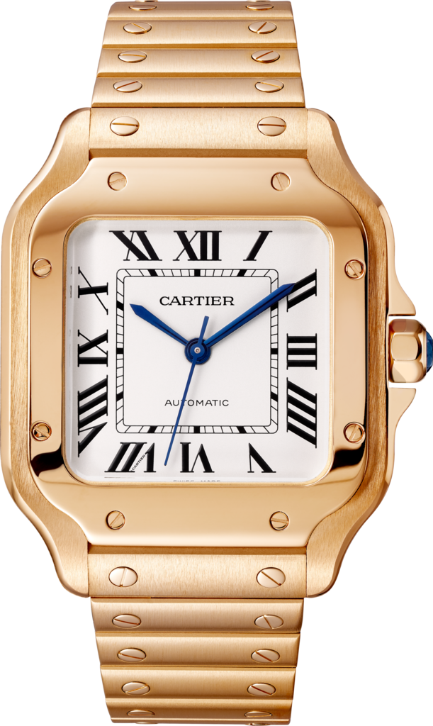 Santos de Cartier腕表中号表款，自动机芯，18K玫瑰金，可替换式金属表链与皮表带