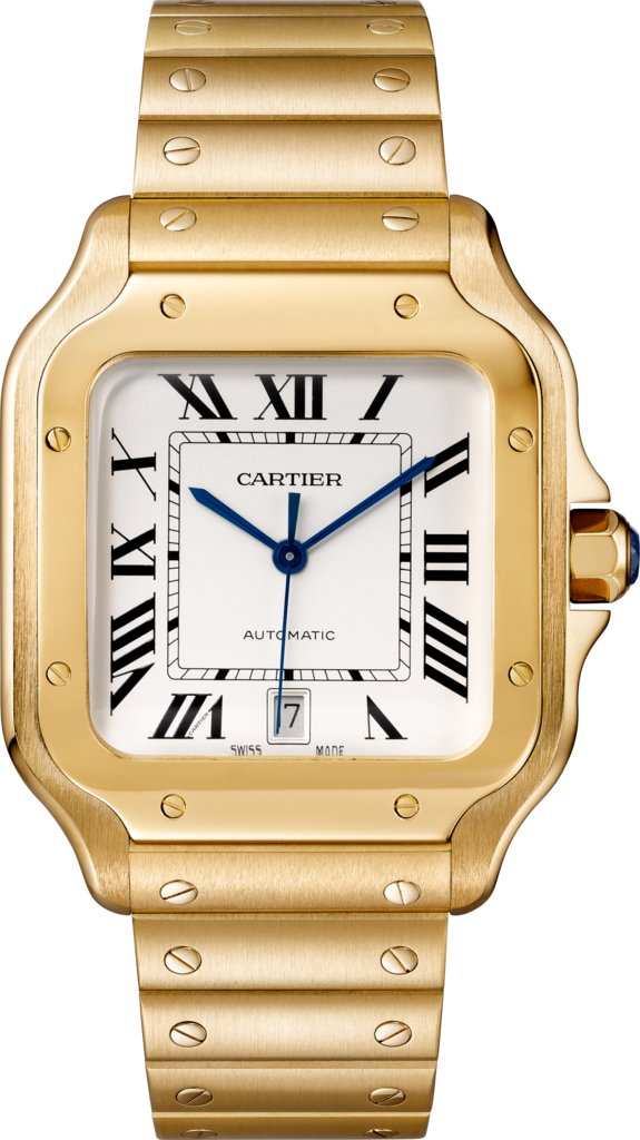 Santos de Cartier腕表大号表款，自动机芯，18K黄金，可替换式金属表链与皮表带