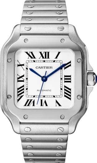Santos de Cartier watch Medium model, automatic movement, steel, interchangeable metal and leather bracelets