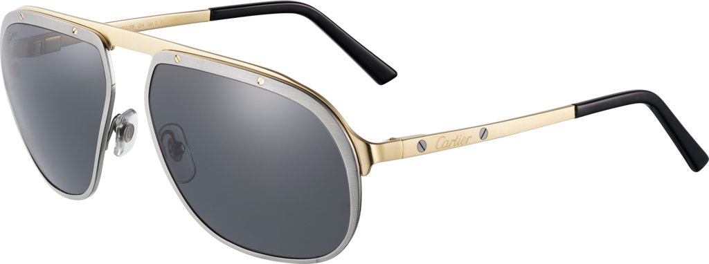 Santos de Cartier太阳眼镜拉丝镀钌和香槟色镀金饰面金属，灰色偏光镜片。