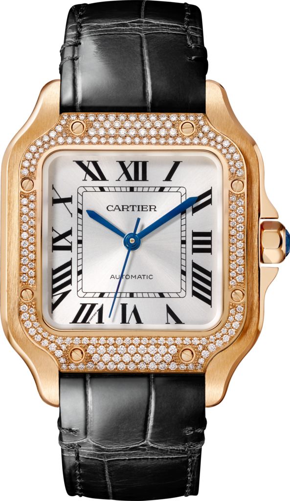 Santos de Cartier腕表中号表款，自动机芯，18K玫瑰金，钻石，两条可替换式皮表带