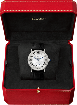 Rotonde de Cartier watch, Calendar Aperture and Power Reserve 40mm, hand-wound mechanical movement, steel, leather