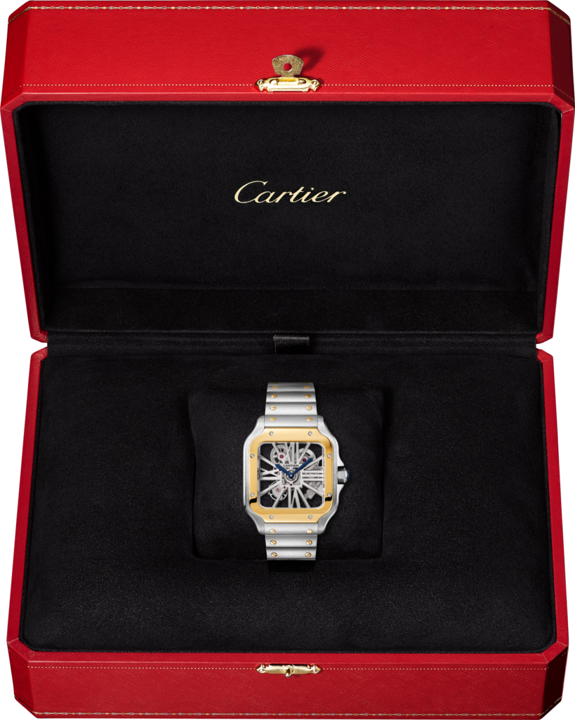 Santos de Cartier腕表大号表款，手动上链机械机芯，18K黄金与精钢，皮表带