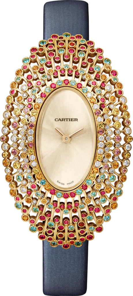 Cartier Libre腕表大号表款，手动上链机械机芯，18K黄金，钻石，黄色蓝宝石，精致宝石