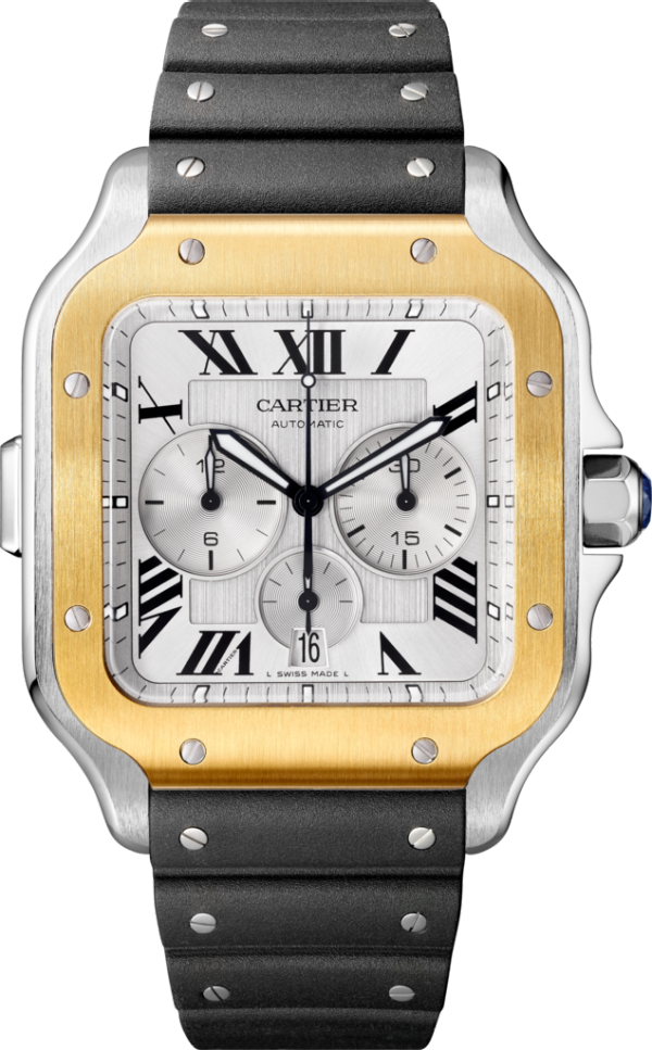 Santos de Cartier Chronograph watch Extra-large model, automatic movement, yellow gold, steel, interchangeable metal and rubber bracelets