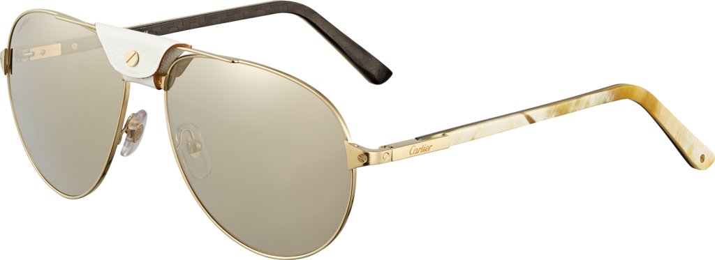 Santos de Cartier太阳眼镜白色牛角与碳纤维镜腿，香槟色镀金饰面金属材质，金色闪光镜片