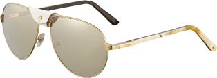 Santos de Cartier太阳眼镜 白色牛角与碳纤维镜腿，香槟色镀金饰面金属材质，金色闪光镜片