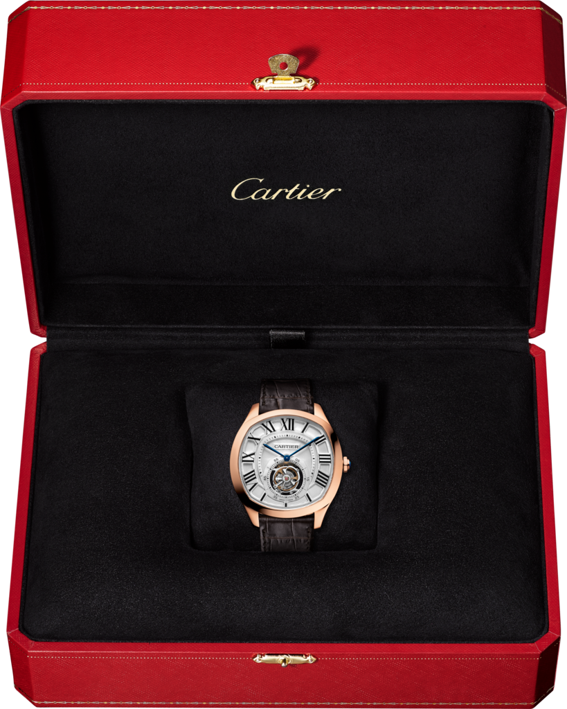 Drive de Cartier浮动式陀飞轮腕表大号表款，18K玫瑰金，皮表带，蓝宝石