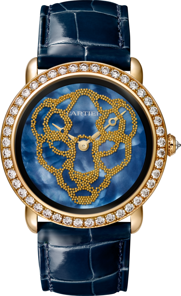 Révélation d'une Panthère腕表37毫米表款，手动上链机械机芯，18K黄金，钻石，珍珠母贝，皮表带