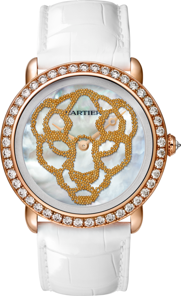 Révélation d'une Panthère腕表37毫米表款，手动上链机械机芯，18K玫瑰金，钻石，珍珠母贝，皮表带