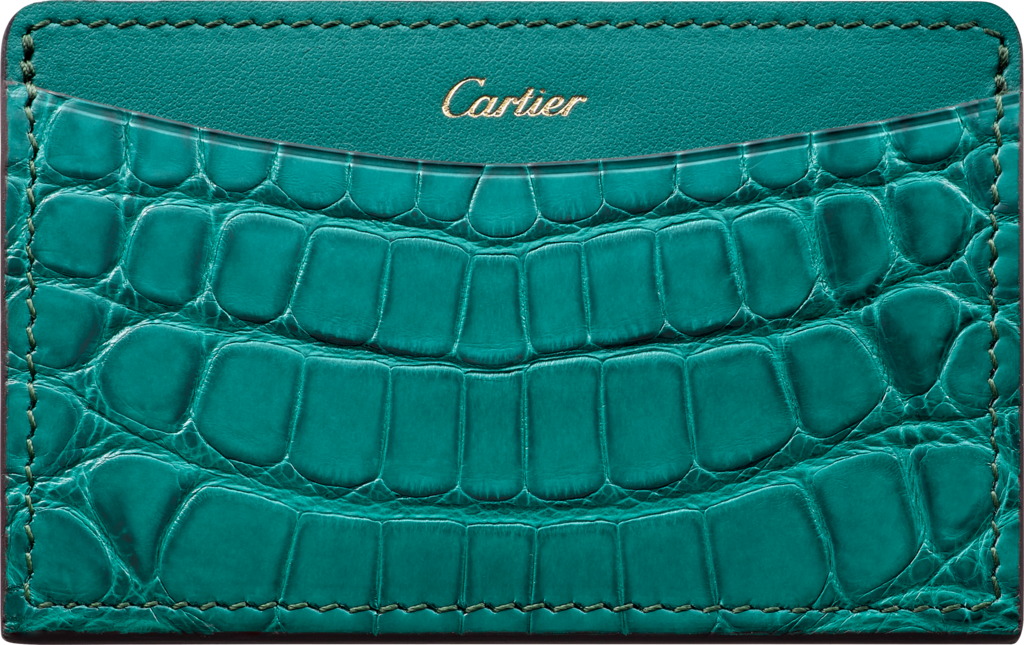 C de Cartier系列小皮具，卡片夹蓝绿碧玺色鳄鱼皮与小牛皮，镀金装饰