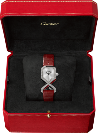 Cartier Libre腕表 中号表款，石英机芯，18K白金，钻石，珐琅