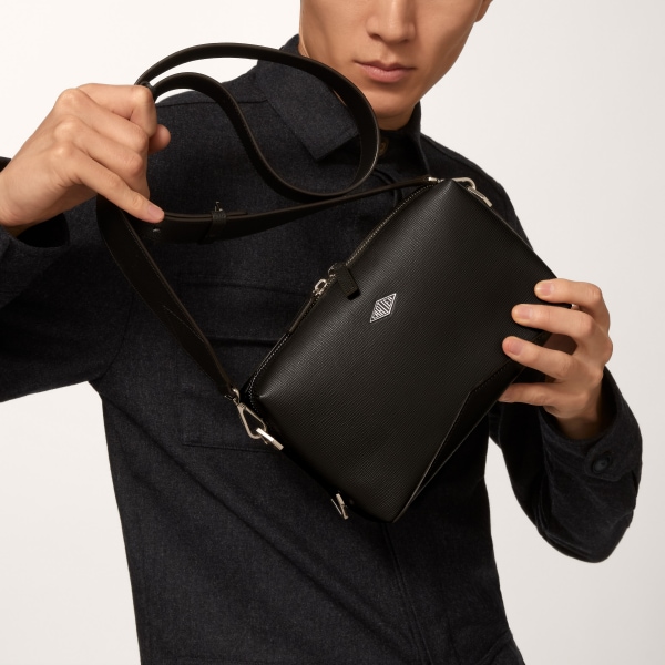 Long strap black bag, Cartier Losange   Grained black calfskin, palladium finish and enamel