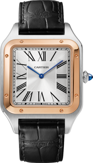 Santos-Dumont watch Extra-large model, hand-wound mechanical movement, rose gold, steel, leather