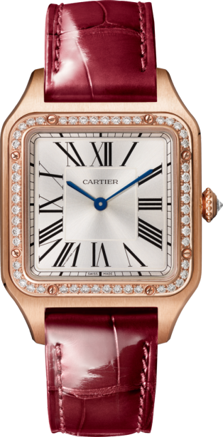 Santos-Dumont watch Large model, quartz movement, rose gold, diamonds, leather