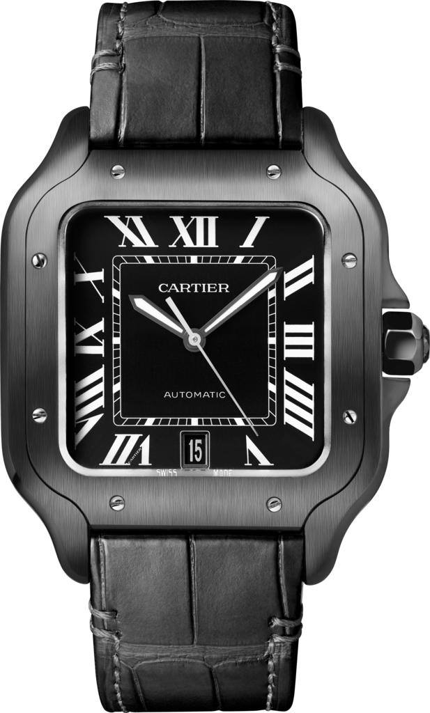 Santos de Cartier腕表大号表款，自动机芯，精钢，ADLC碳镀层（非晶体类金刚石碳镀层），可替换式橡胶表带和皮表带