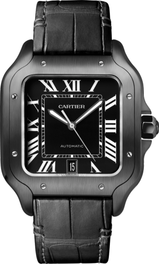 Santos de Cartier watch Large model, automatic movement, steel, ADLC, interchangeable rubber and leather bracelets