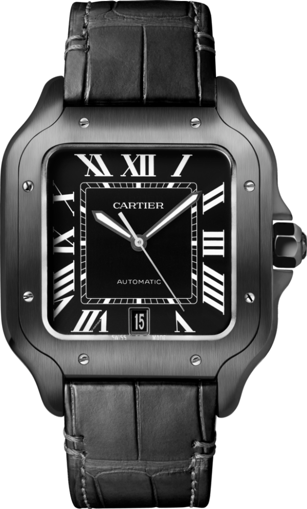 Santos de Cartier watch Large model, automatic movement, steel, ADLC, interchangeable rubber and leather bracelets