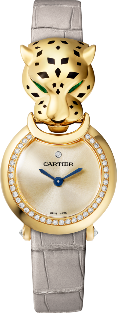 La Panthère de Cartier 腕表小号表款，石英机芯，18K黄金，钻石，沙弗莱石，亮漆，皮表带