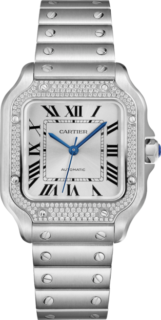 Santos de Cartier watch Medium model, automatic, steel, diamonds, interchangeable metal and leather bracelets