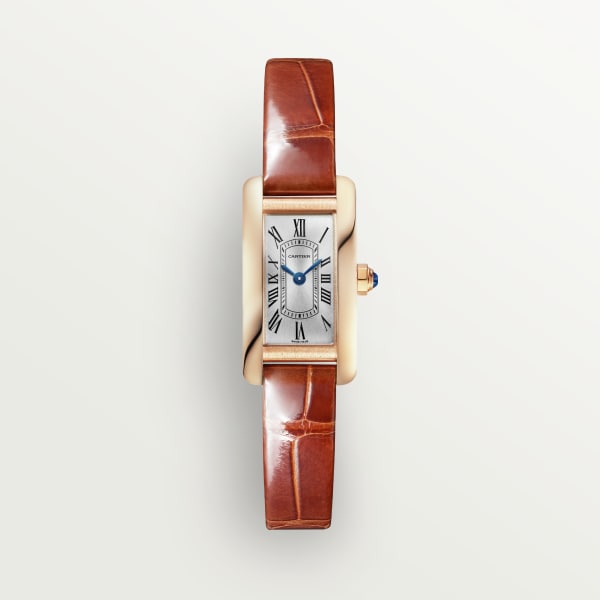 Tank Américaine watch Mini model, quartz movement, rose gold, leather