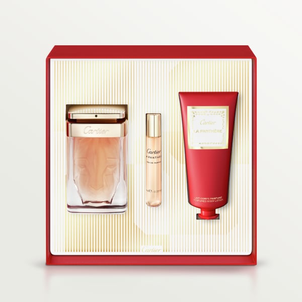 La Panthère Gift Set with 75 ml Eau de Parfum, 10 ml Purse Spray and 100 ml Perfumed Body Lotion. Gift set