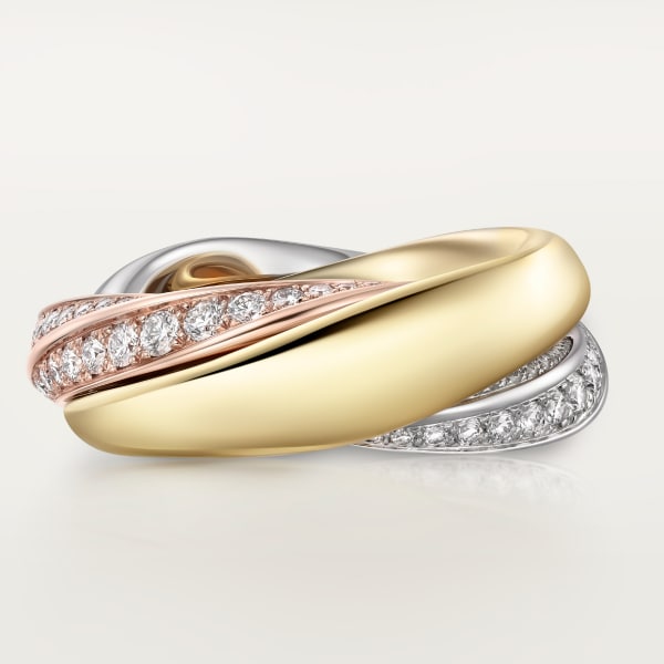 Trinity ring, semi-paved White gold, yellow gold, rose gold, diamonds