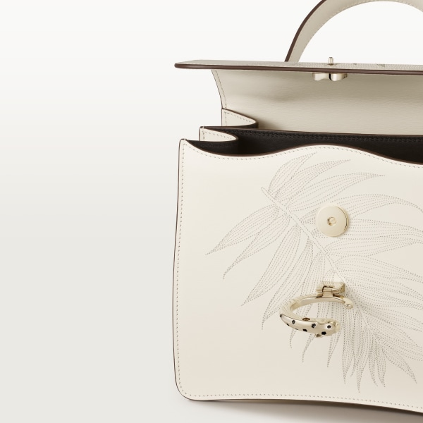 Small model handle bag, Panthère C de Cartier Salt white grained calfskin with jungle embroidery, golden finish