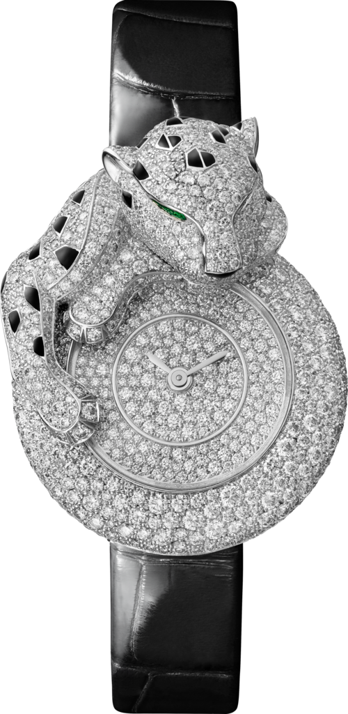 Joaillère Panthère 腕表28.4毫米表款，镀铑18K白金，钻石，皮表带