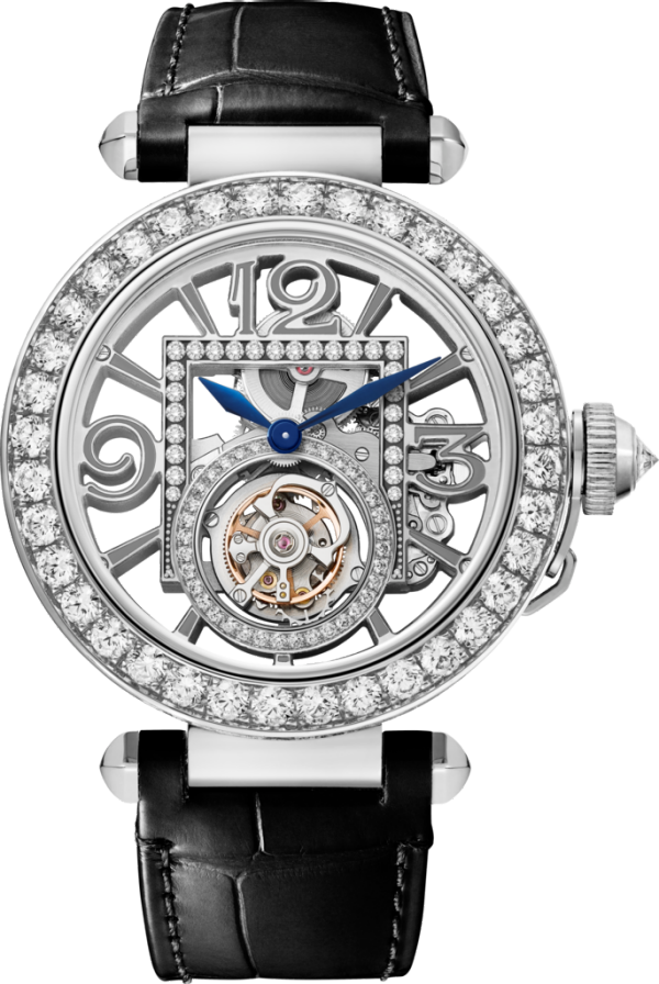 Pasha de Cartier腕表 41毫米表款，手动上链机械机芯，18K白金，镶嵌钻石，两条可替换式皮表带