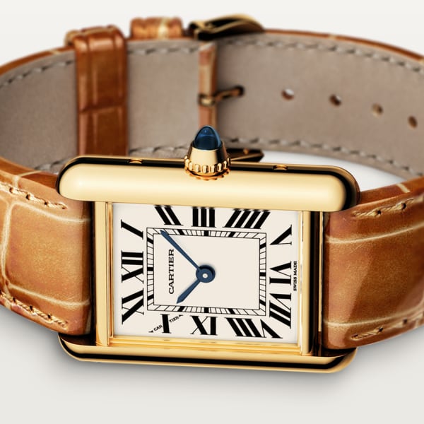 Lot - CARTIER TANK LOUIS 18KT YELLOW GOLD WOMAN'S WRISTWATCH Ref. W1529856.  Serial number 52841UX. Quartz movement. Silver-grained dial wi..