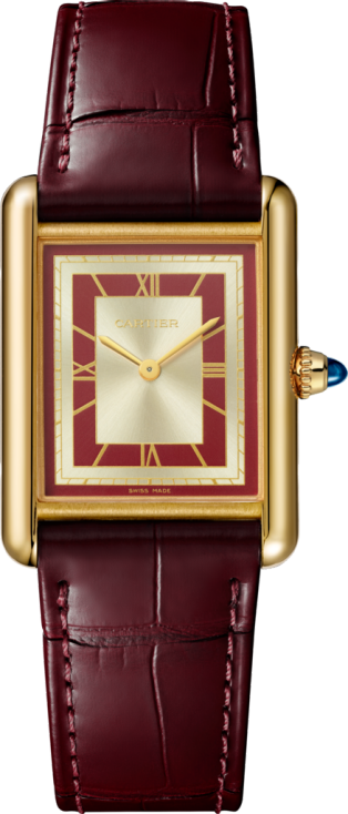 Tank Louis Cartier watch Large model, hand-wound mechanical movement, 18K yellow gold, leather