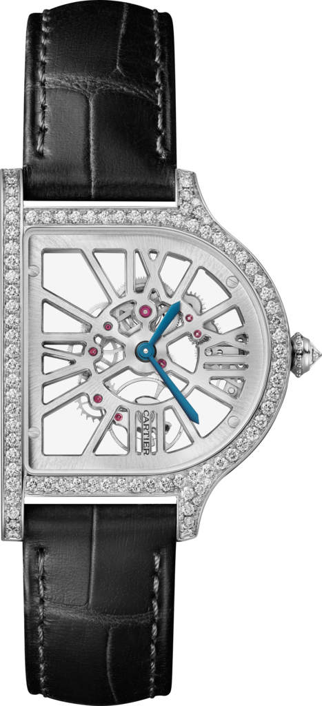 Cloche de Cartier watchLarge model, hand-wound movement, platinum (950/1000), diamonds, leather