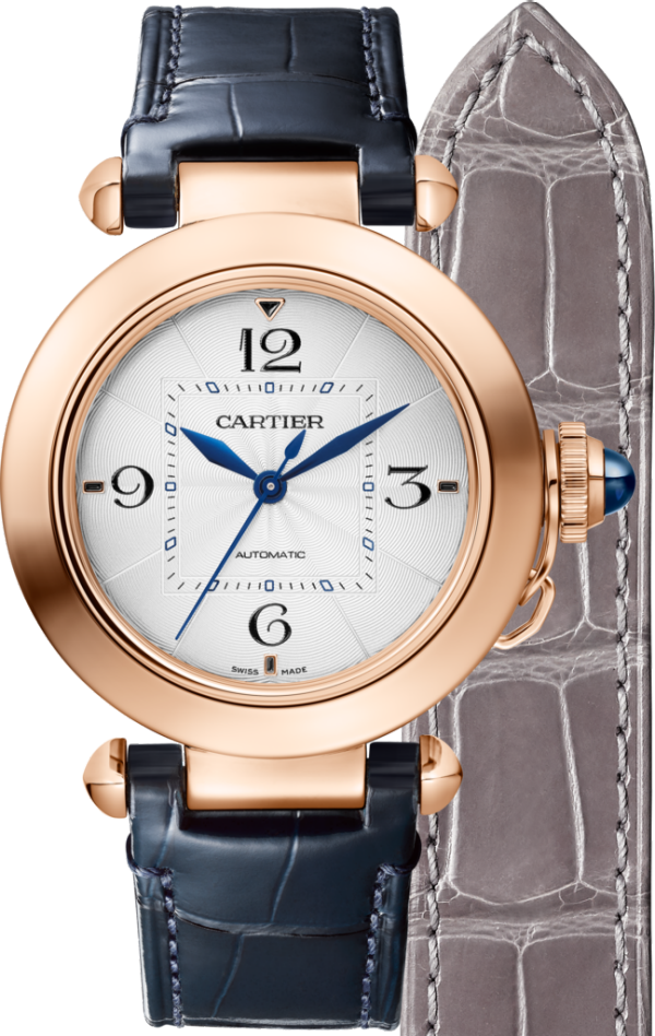 Pasha de Cartier watch 35 mm, automatic movement, rose gold, 2 interchangeable leather straps