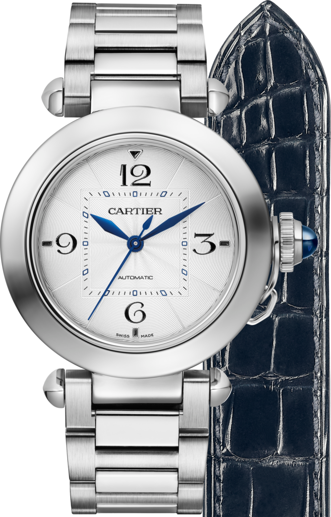 Pasha de Cartier腕表35毫米表款，自动上链机械机芯，精钢，可替换式金属表链与皮表带